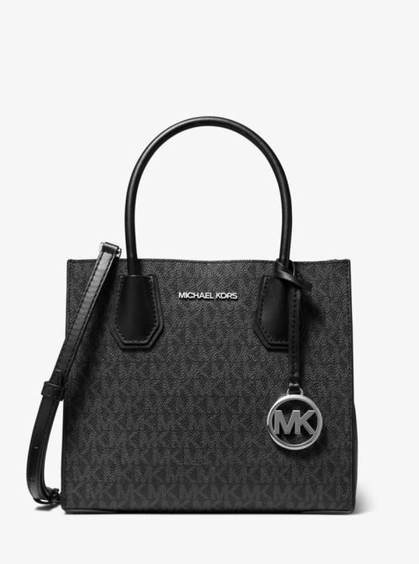 Damske Satchel Taske Michael Kors Mercer Medium Logo and Leather Accordion Čierne - Kabelky Michael Kors Levně | HWXOZ-6439